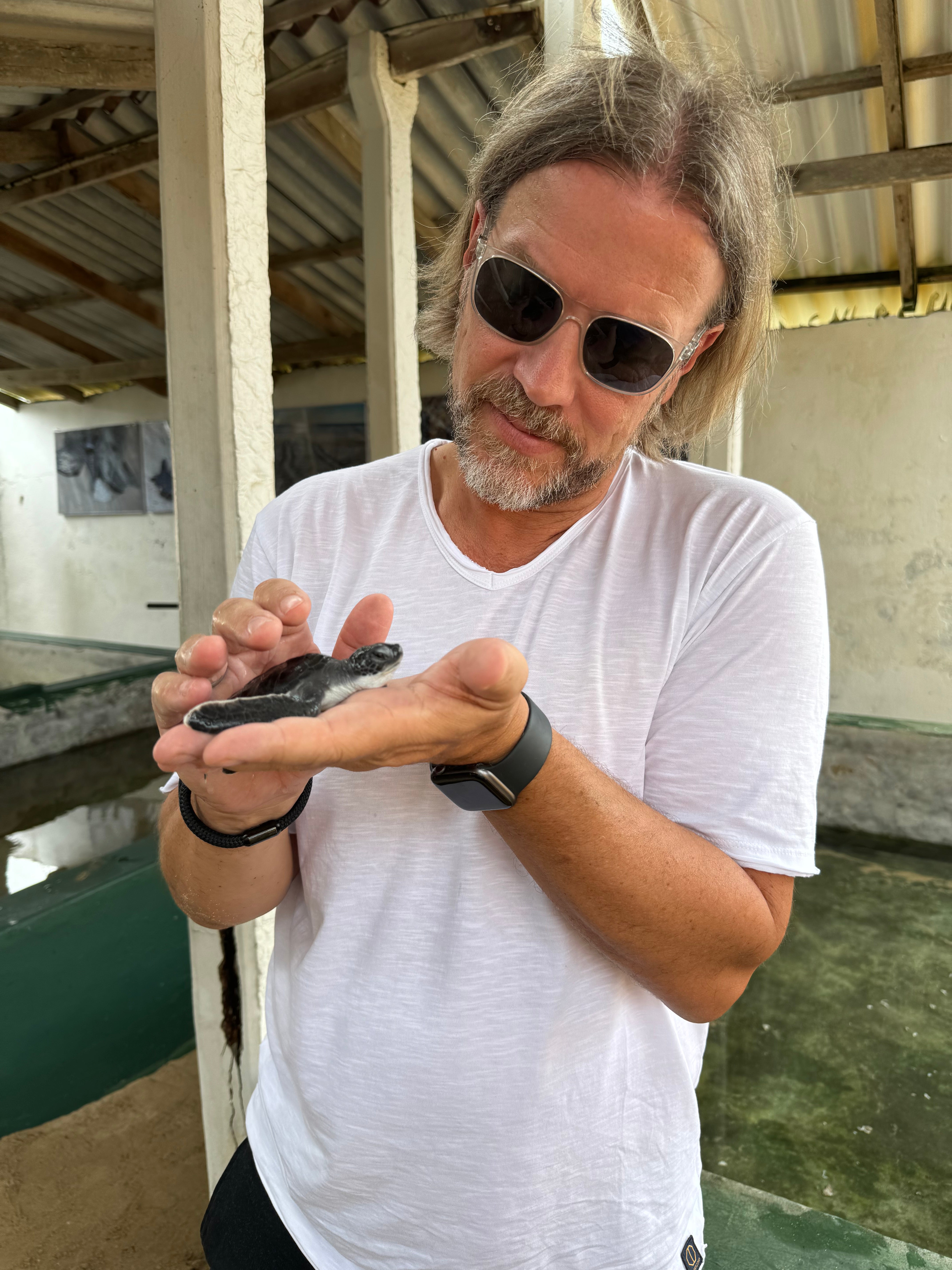 Big Blue Dogs Gründer Carsten, der in einer Aufzuchtstation für Meeresschildkröten in Sri Lanka sich um eine kleine Meeresschildkröte kümmert.