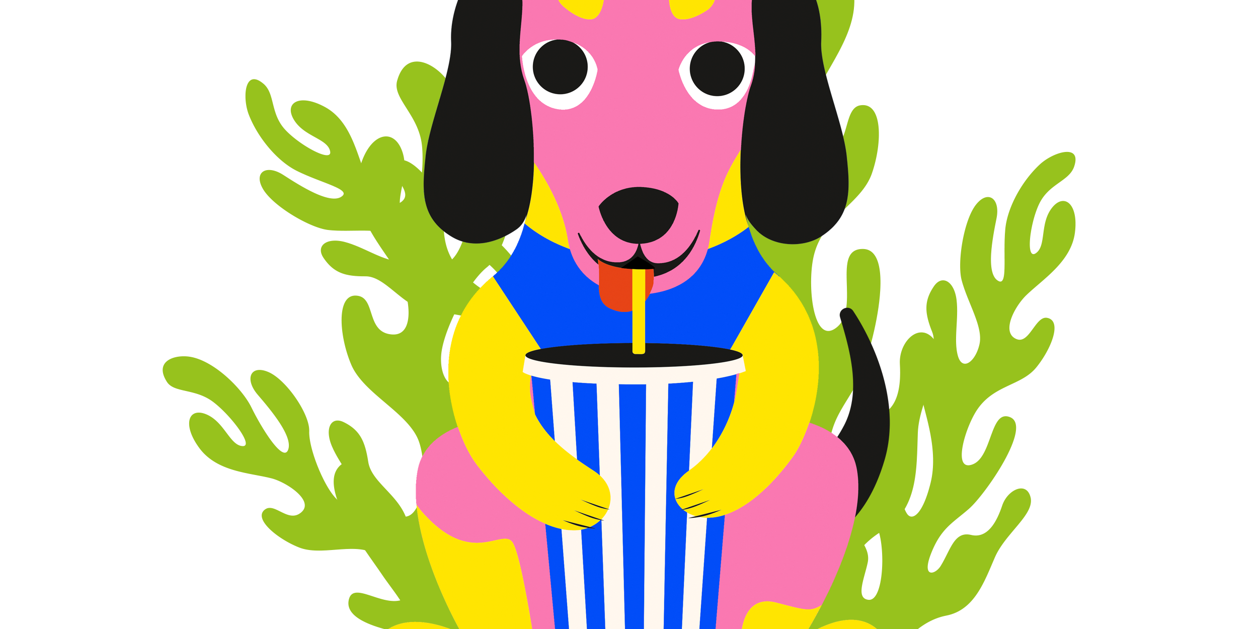 Big Blue Dogs Slurpy Dog mit Signature Becker und illustriertem Algenwald im Hintergrund