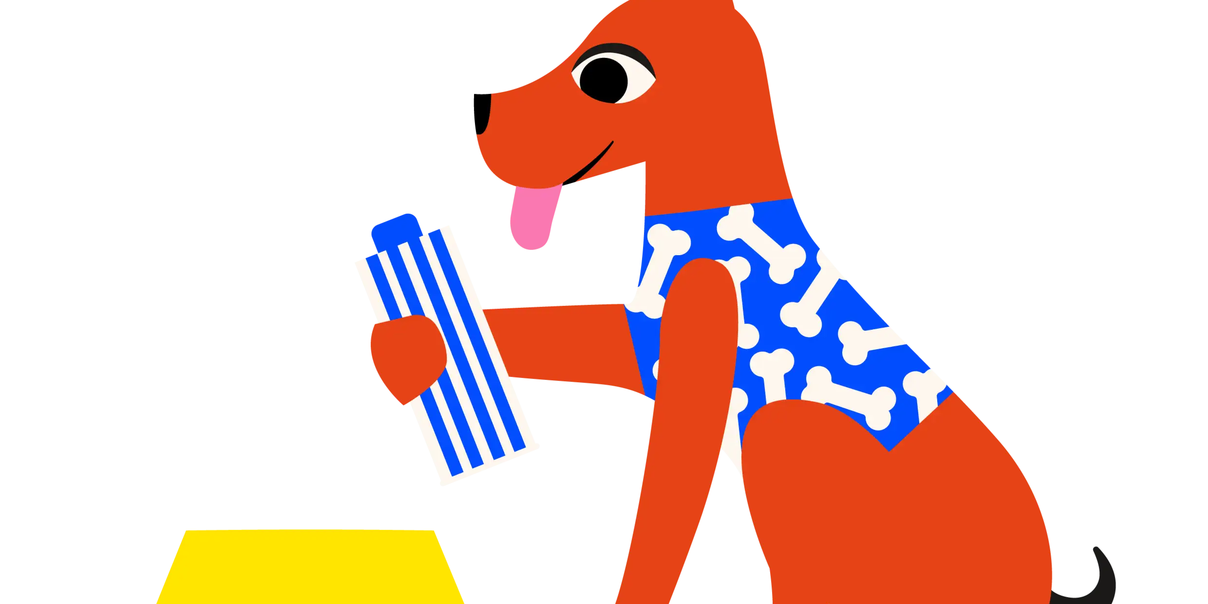 Big Blue Dogs Abbildung eines Signature Hundes, der vor seinem Fressnapf sitzt und mit Lust und Freude die Big Blue Dogs Dose anschaut