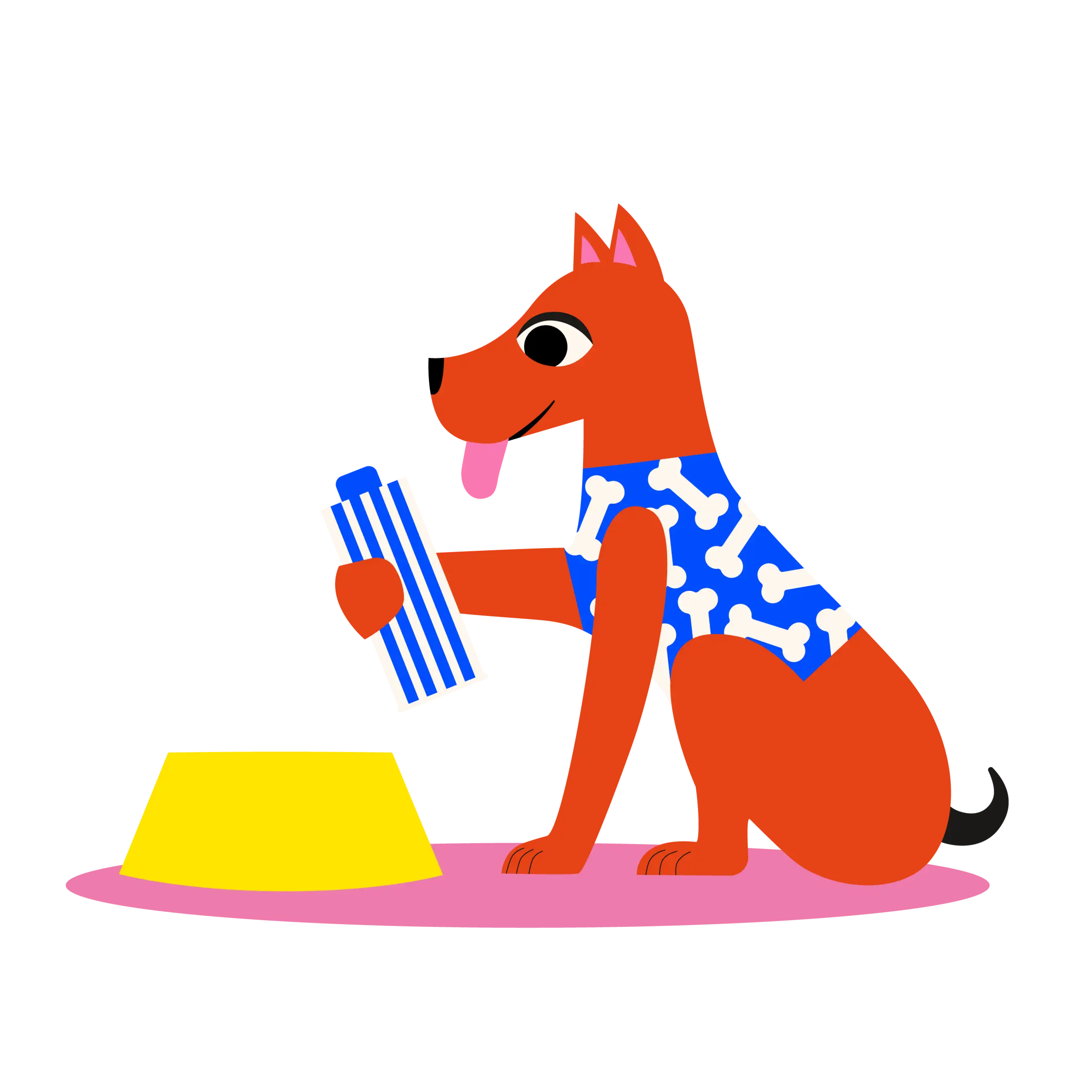 Big Blue Dogs Abbildung eines Signature Hundes, der vor seinem Fressnapf sitzt und mit Lust und Freude die Big Blue Dogs Dose anschaut